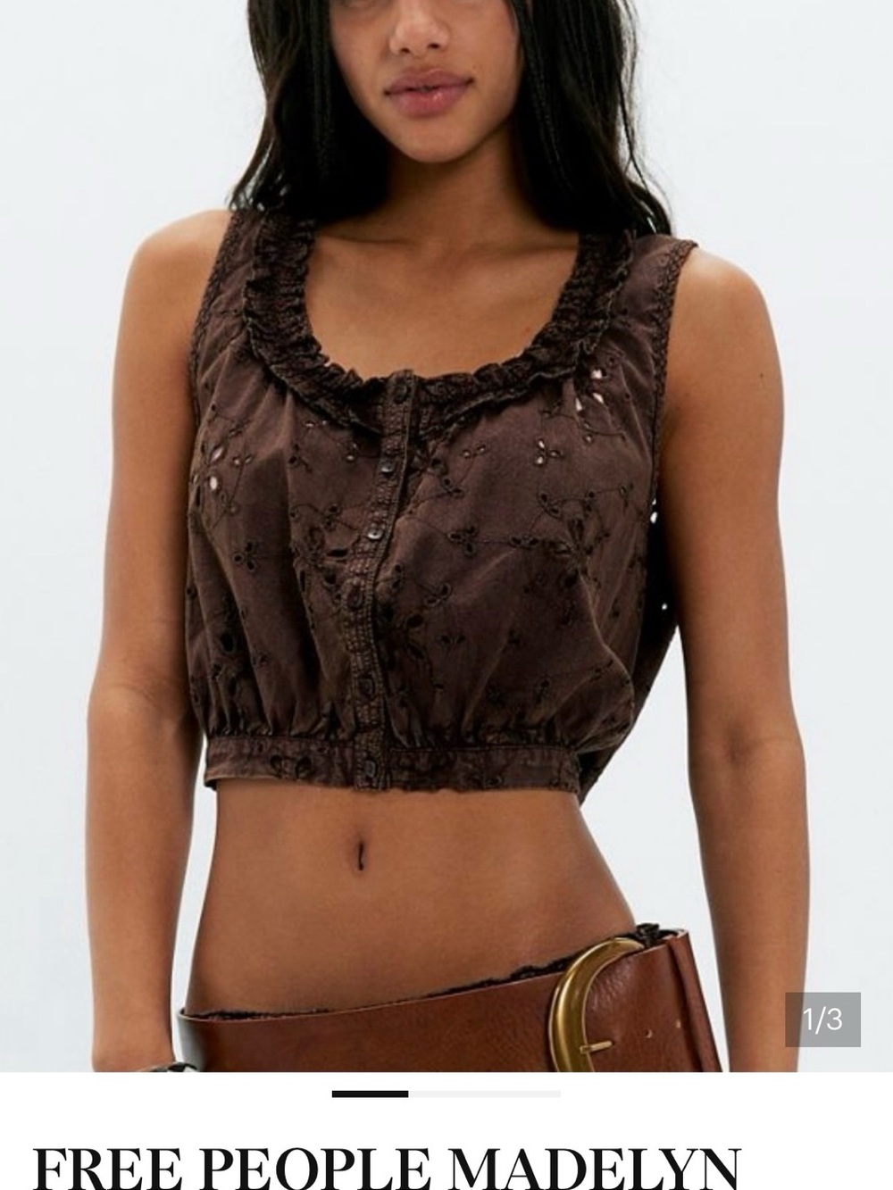 Free People Brown Embroidered Cropped Ruffled Tank